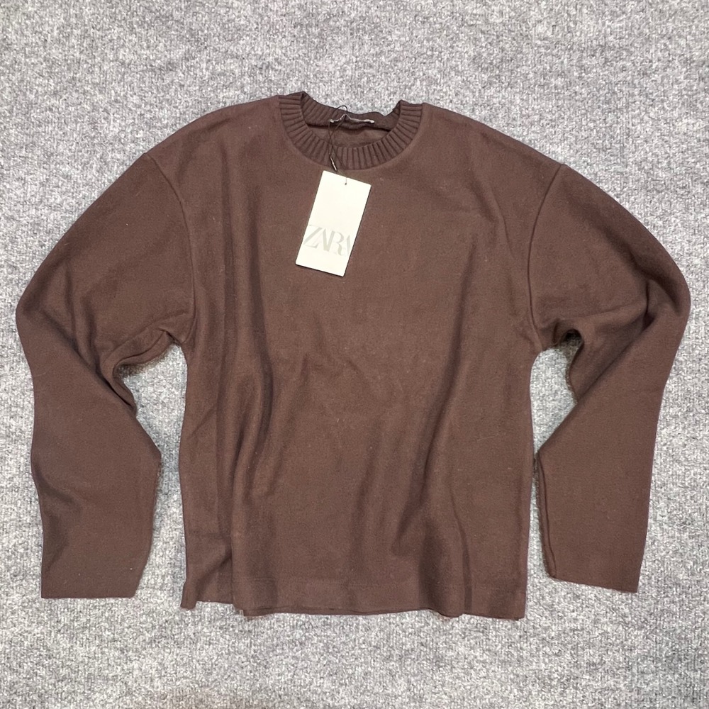 NWT Zara Knit Top Women S Brown Long Sleeve Soft Ribbed Crew Neck Preppy
